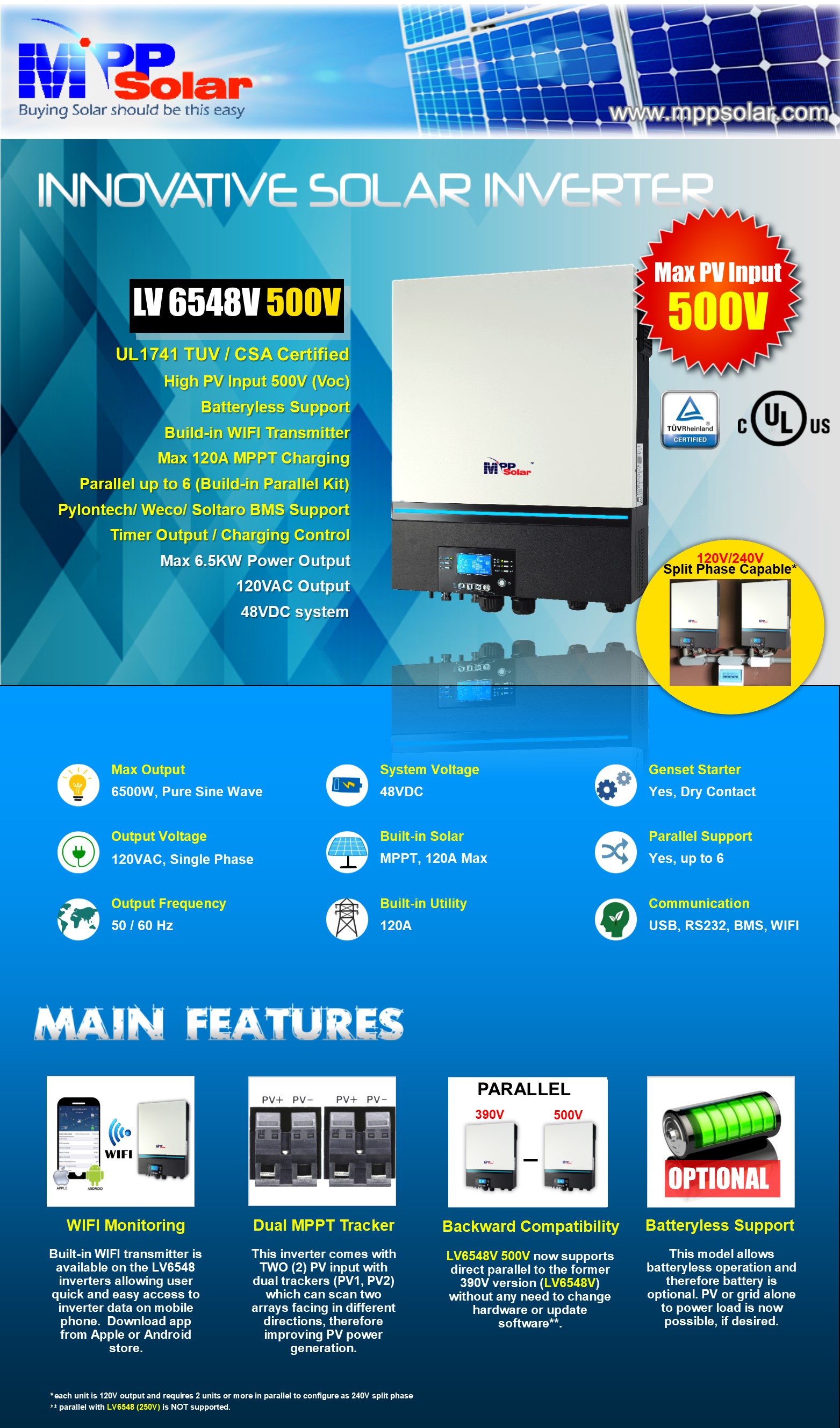 MPP Solar LV6548V 6500W 48V Inverter – 500V PV Input, MPPT Charge Controller, UL1741 Compliant